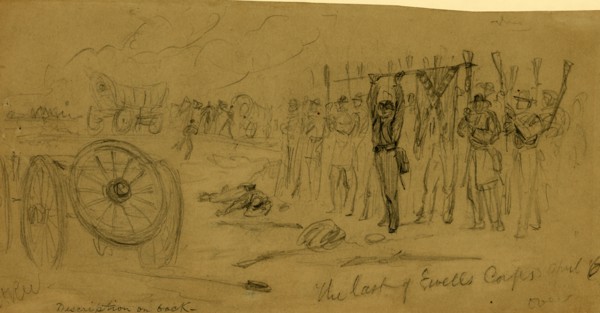 The last of Ewells corps April 6, drawing, 1862-1865, by Alfred R Waud, 1828-1891, an american
