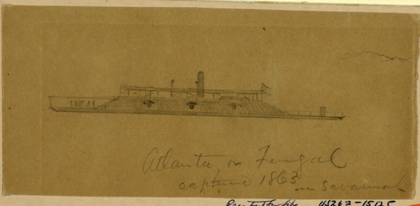 Atlanta or Fingal captured 1863 in Savannah, drawing, 1862-1865, by Alfred R Waud, 1828-1891, an