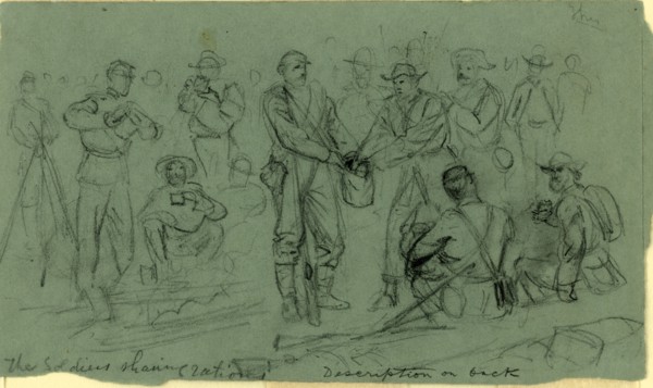 The soldiers sharing rations, drawing, 1862-1865, by Alfred R Waud, 1828-1891, an american artist