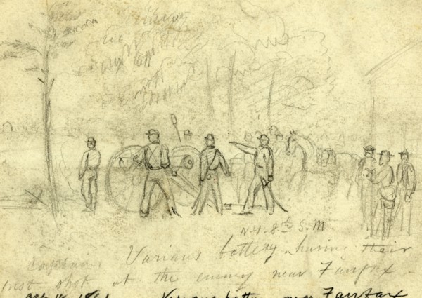 Captain Varians battery N.Y. 8th S.M. having their first shot at the enemy near Fairfax, drawing,