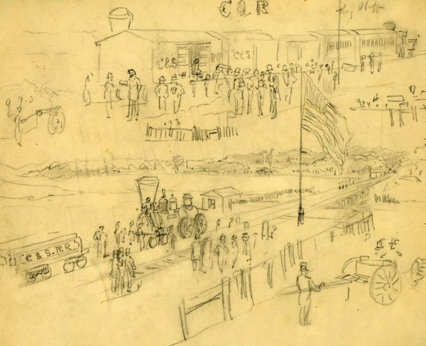 Two sketches of a depot on the Charleston & Savannah Railroad, drawing, 1862-1865, by Alfred R