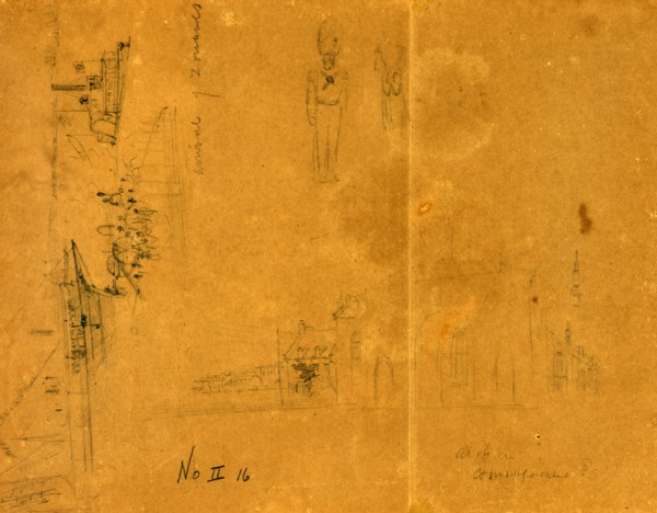Three sketches including "Arrival of Zouaves," city or town street, and a soldier, drawing,