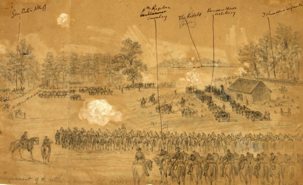 Commencement of the battle of Hanover Ct. House. 1:45 PM., drawing, 1862-1865, by Alfred R Waud,