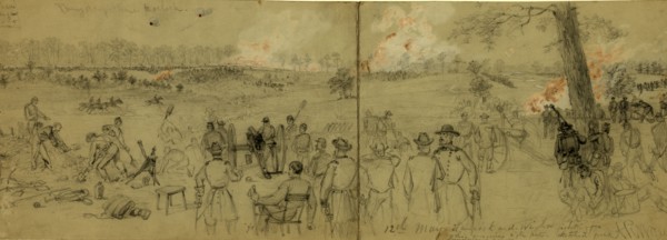 12th May Hancock and Wright fighting for the enemies rifle pits sketched from Lundmans house,