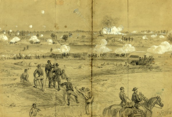 Before Petersburg at sunrise, July 30th 1864, drawing, 1862-1865, by Alfred R Waud, 1828-1891, an