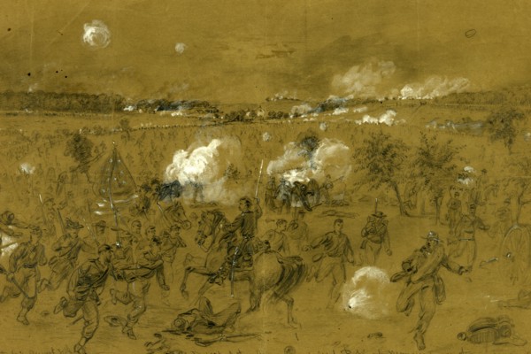 Defeat of the Army of Genl. Pope at Manassas on the Old Bull run battleground, drawing, 1862-1865,