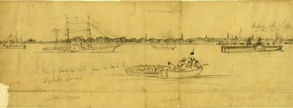 View of Charleston S.C. from on board the Harriet Lane, drawing, 1862-1865, by Alfred R Waud,