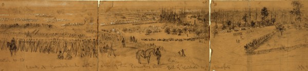 Camp at Cumberland with a view of the Pamunkey River full of gunboats and transports, drawing,