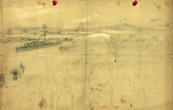 McClellan reviewing his troops near Baileys Cross Roads, drawing, 1862-1865, by Alfred R Waud,