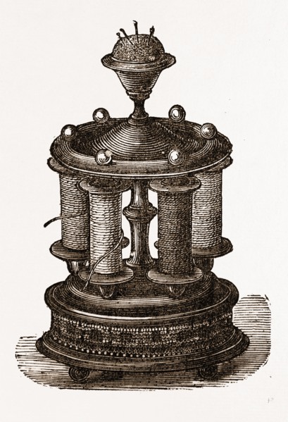 STAND FOR. REEL-WINDERS AND PINCUSHION, NEEDLEWORK, 19th CENTURY EMBROIDERY