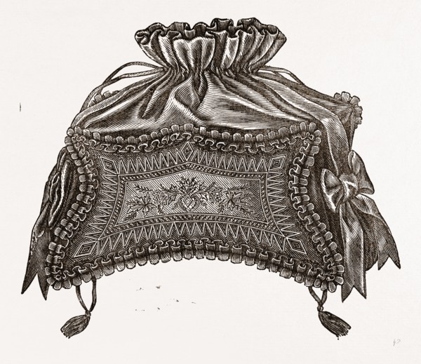 ORNAMENTAL WORK-BAG, NEEDLEWORK, 19th CENTURY EMBROIDERY