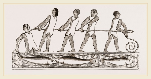Ancient Egyptians fishing with drag-net, Egypt