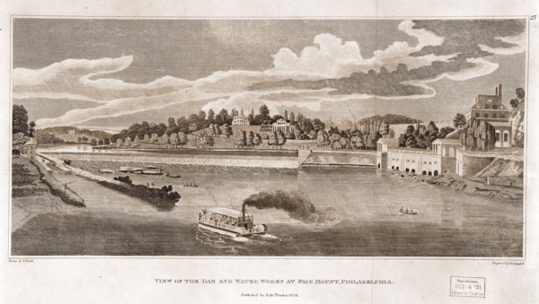 View of the dam and water works at Fairmount, Philadelphia / drawn by T. Birch ; engraved by R.