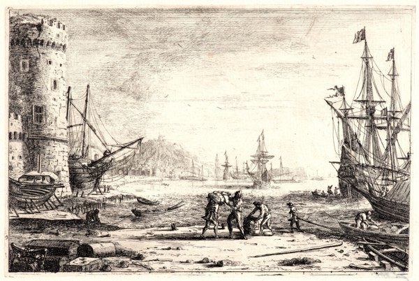 Claude Lorrain (French, 1604 - 1682). Seaport with a Round Tower, 1635-1636. Etching.