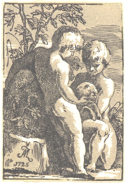 Antonio Maria Zanetti I (Italian, 1680 - 1757). Two Boys Caressing a Lamb. Chiaroscuro woodcut.