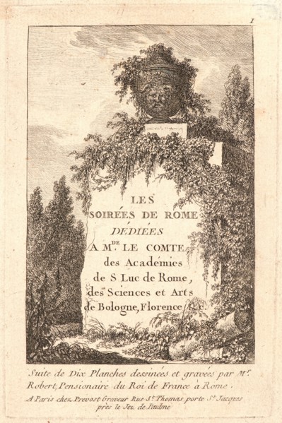 Hubert Robert (French, 1733 - 1808). Title page, 1763-1764. From Evenings in Rome (Les Soirées de