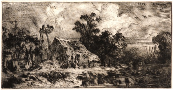 Charles Ãâmile Jacque (French, 1813 - 1894). Landscape. Thatched Cottages (Paysage. ChaumiÃ¨res),