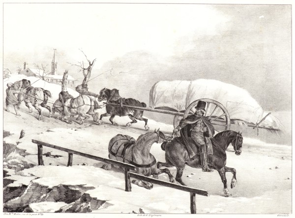 Théodore Géricault (French, 1791 - 1824). Wagoners Driving up a Hill, 1823. Lithograph on white