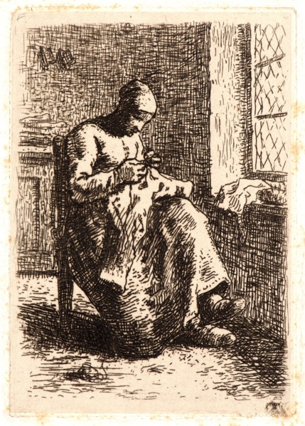 Jean-FranÃ§ois Millet (French, 1814 - 1875). Woman Sewing (La Couseuse), ca. 1855-1856. Etching