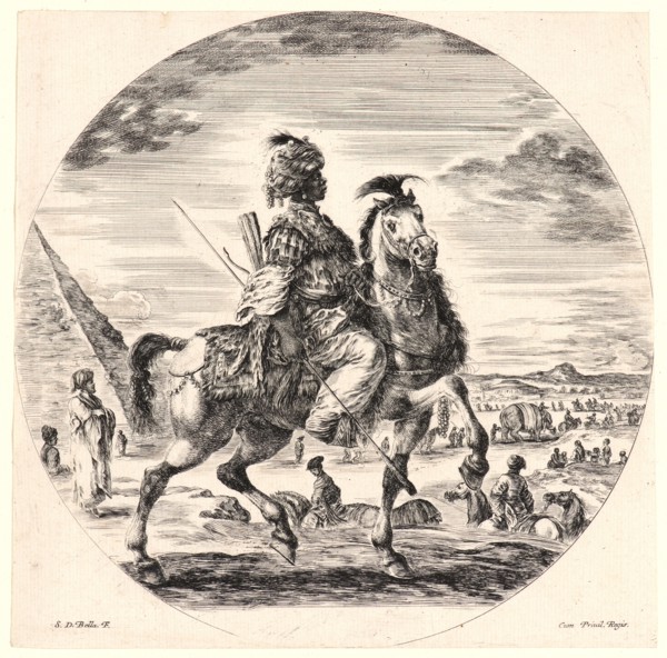 Stefano Della Bella (Italian, 1610 - 1664). Cavalier nÃ¨gre allant vers la droite, 1651. Etching.