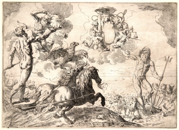 Simone Cantarini (Italian, 1612 - 1648). Jupiter, Neptune and Pluto Paying Homage with Their Crowns