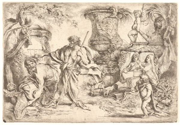 Giovanni Benedetto Castiglione (Italian, 1609 - 1664). Two Men and a Child amid Ruins, 1655.