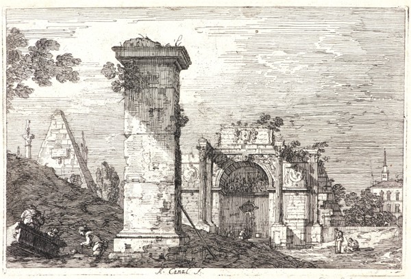 Canaletto (aka Antonio Canale) (Italian, 1697 - 1768). Landscape with Ruins beside the Pyramid (Le