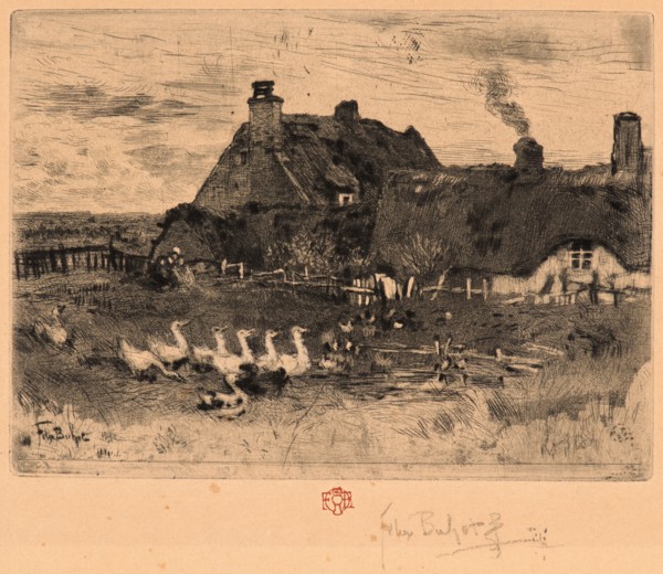 Félix Hilaire Buhot (French, 1847 - 1898). Ducks and Cottage, 19th century. Etching.