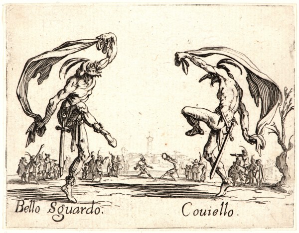 Jacques Callot (French, 1592 - 1635). Bello Sguardo and Couiello, 1622 and later. From Balli di