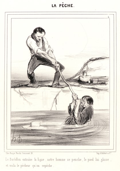 Honoré Daumier (French, 1808 - 1879). Le barbillon entraine la ligne..., 1840. From La PÃªche.