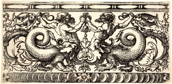 Hans Sebald Beham (German, 1500 - 1550). Frieze with Two Tritons, 16th century. Woodcut.