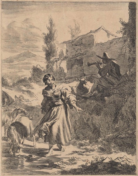 In a hilly landscape is a shepherd playing the flute while a shepherdess lets her goats drink from