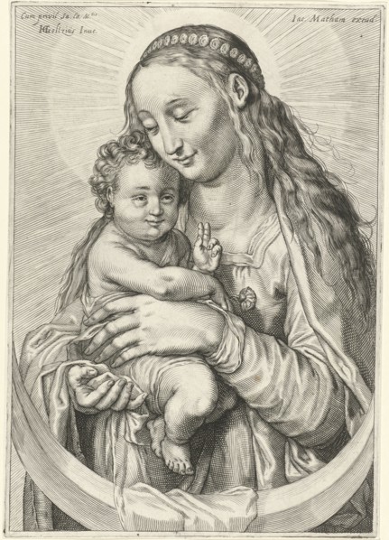 Mary with Child and crescent moon, Hendrick Goltzius, Jacob Matham, Rudolf II van Habsburg (Duits
