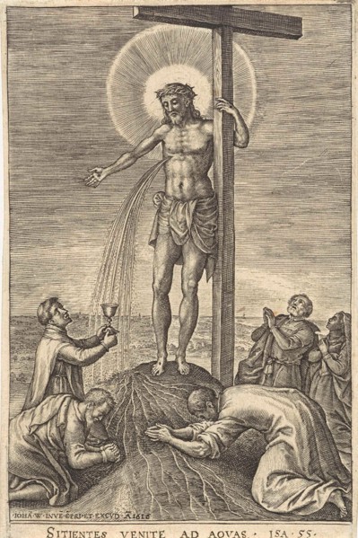 Monk catches the blood of Christ, Johannes Wierix, 1616