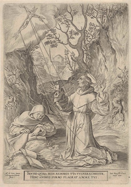 Francis of Assisi receiving the stigmata of Christ, Hieronymus Wierix, Johannes Baptista Vrints