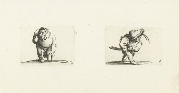 Dwarf, from the front, leaning on a crutch, a hood or large collar on the head, right arm raised