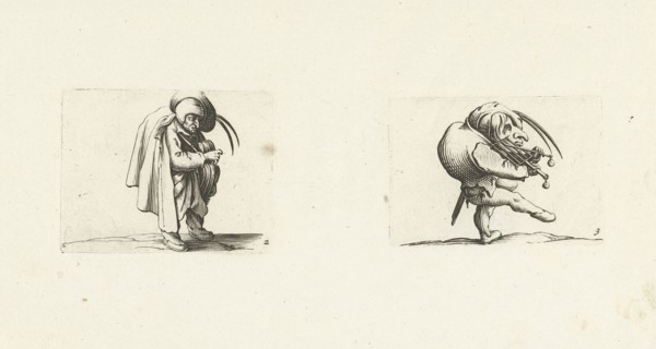 Grotesque figure with hurdy-gurdy; Dwarf with grill and sword, Jacques Callot, Abraham Bosse, 1621