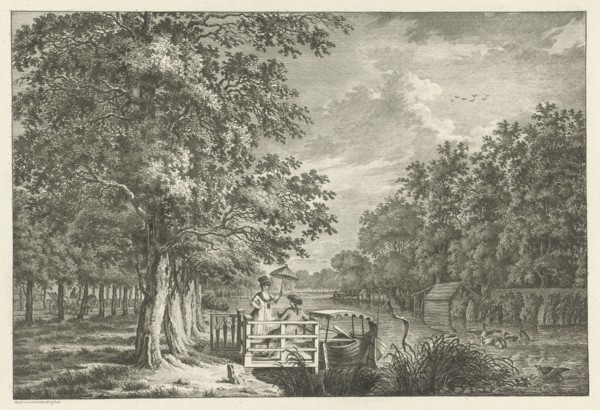Landscape with a couple on the bank of the river Gein, The Netherlands, print maker: Jan Evert