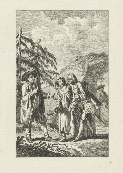 Meeting between a man and a couple in the outdoors, the man holds a stick and gestures with his