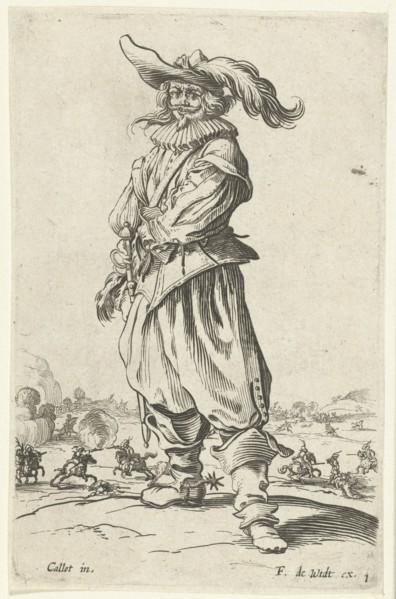 Horseman with plumed hat, seen from the front, Jacques Callot, print maker: Anonymous, Frederik de