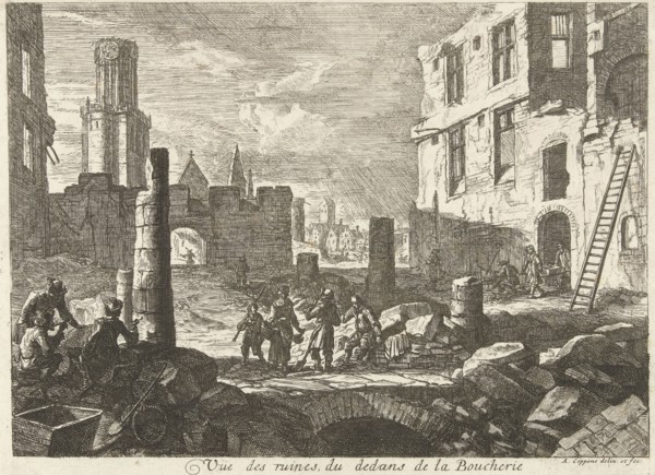 Ruins in Beenhouwersstraat, Brussels, Belgium, 1695. Augustin Coppens, 1695