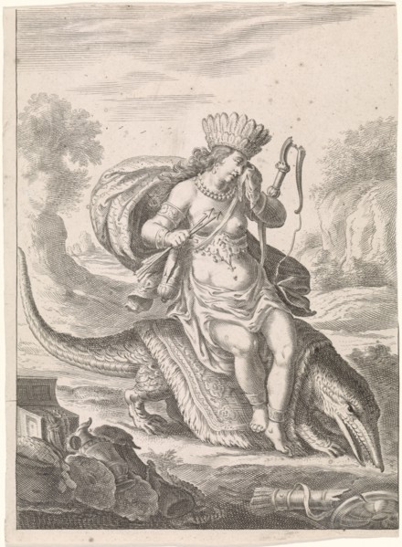 Female personification of America as a woman with headdress of feathers and bows, sitting on a