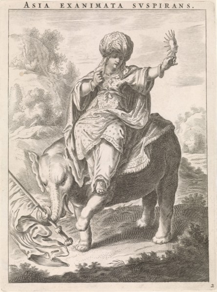 Female personification of Asia represented as a woman with turban sitting on an elephant, Cornelis