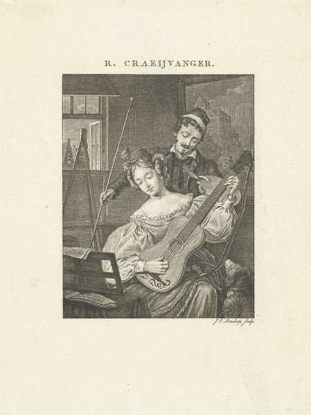 Woman plays guitar and is a model for artist, Johannes Christiaan Bendorp, Johannes Immerzeel, 1776