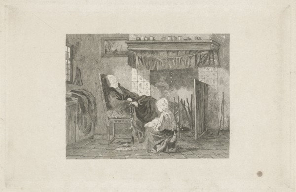 Old woman in front of a fire, Johann Heinrich Maria Hubert Rennefeld, Joseph Israels, 1845-1877