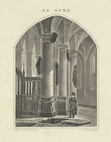 Man at an open grave in a church, print maker: Willem van Senus, Bartholomeus Johannes van Hove,