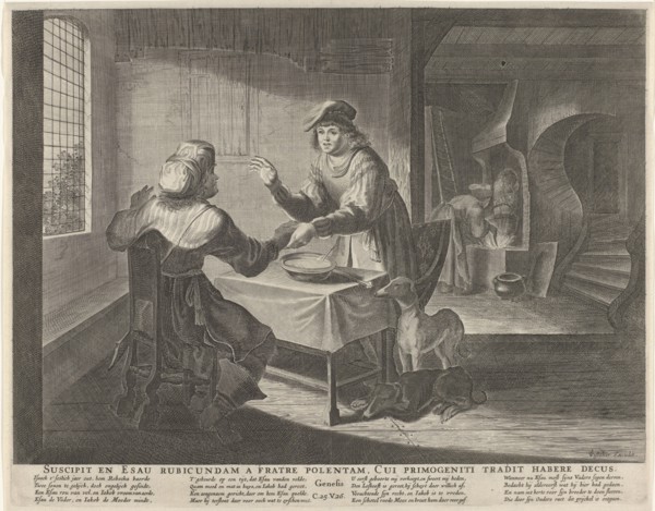 Esau sells his birthright to Jacob, print maker: Anonymous, Claes Jansz. Visscher II, Nicolaes