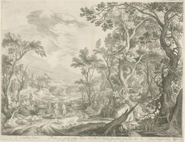 Jacob and the men of Haran at the well, print maker: Jan van Londerseel, Gillis Claesz. de