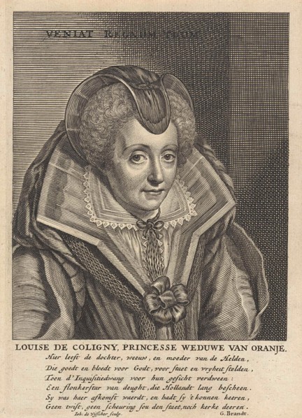 Portrait of Louise de Coligny, Fourth wife of William I of Orange. She wears a high collar, Jan de