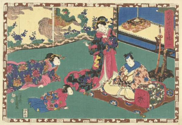 Standing woman and man sitting on pillow, in the background a screen with painting of a phoenix,
